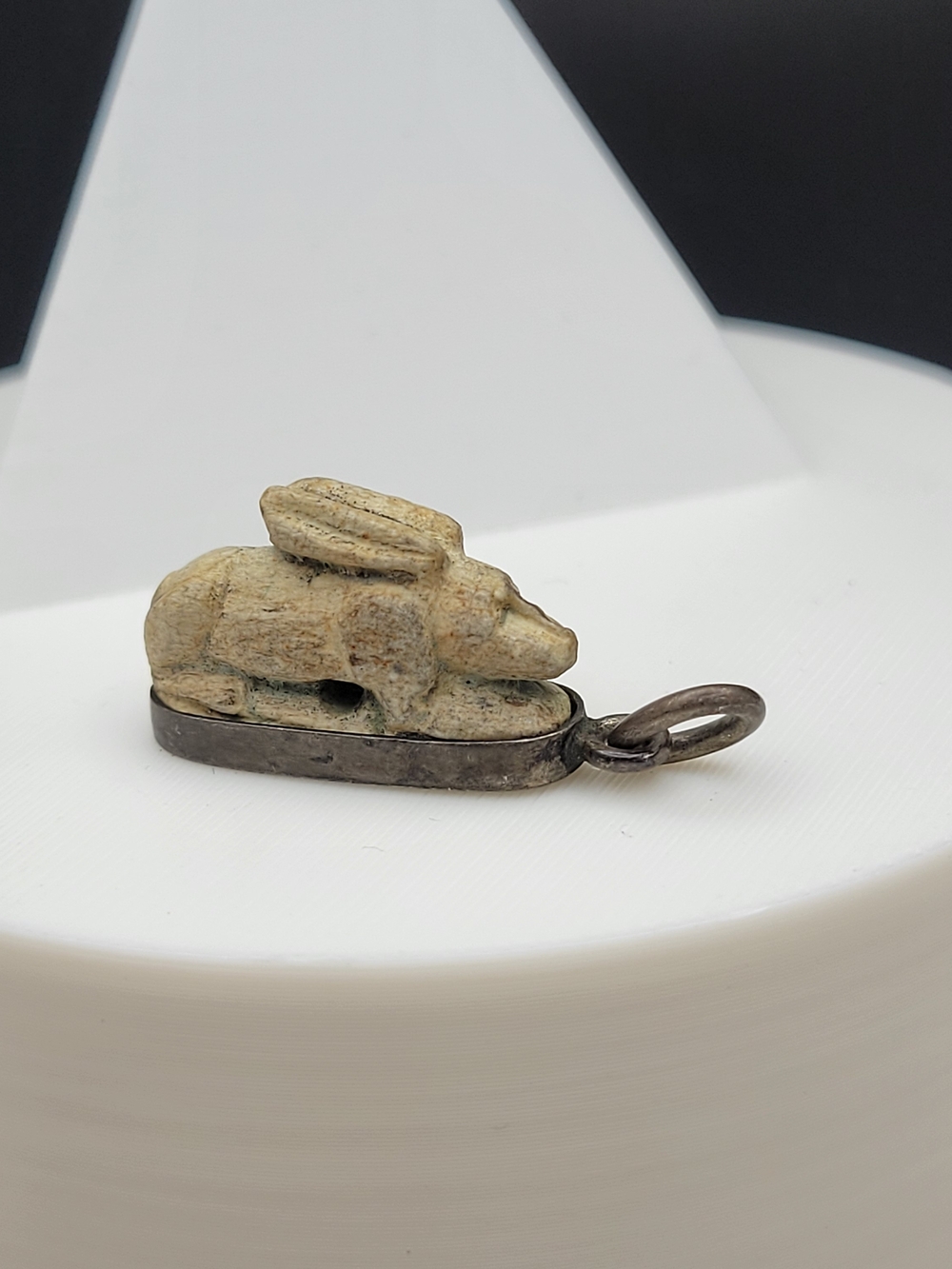 Ancient Egyptian Faience Hare Amulet Victorian Silver Mount Pendant Grand Tour